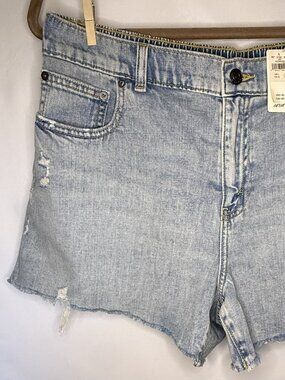 Aerie Light Wash Denim Shorts High Rise Elastic Back Distressed Raw Hem Size Lar